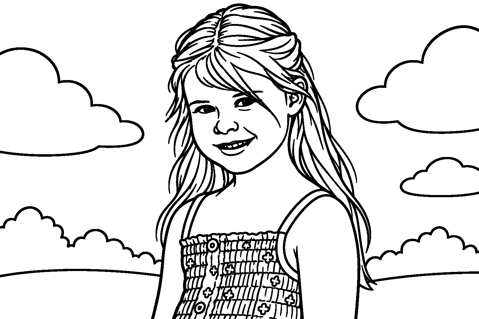 A photo of a girl smiling outdoors, turned into a coloring book page